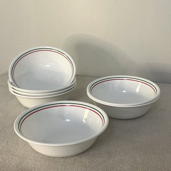 Corelle Set Of 7 White Bowl Dishware With Red & Green Stripe Rim - Picture 3 of 4
